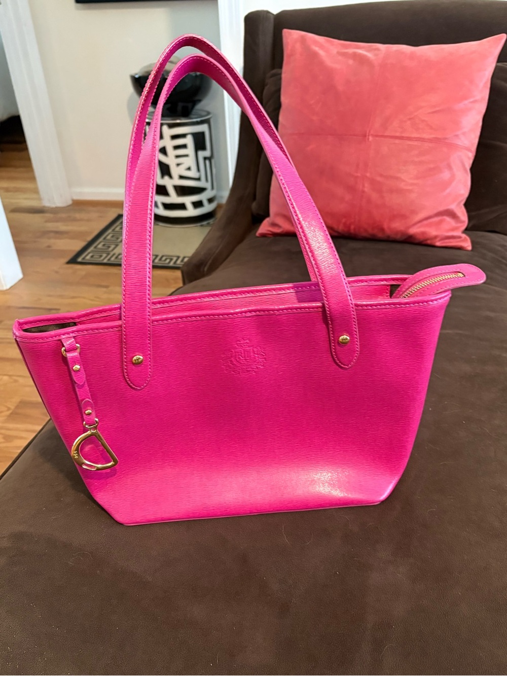 Ralph Lauren Hot Pink Leather Tote with Heart Charm
